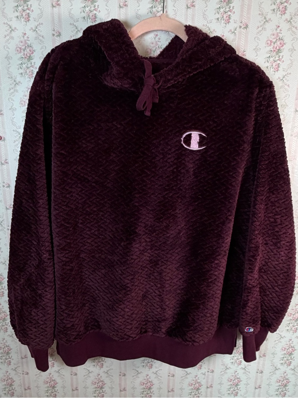 Champion Sherpa Fleece Hoodie Deep Plum Purple Textured Oversized Sweatshirt